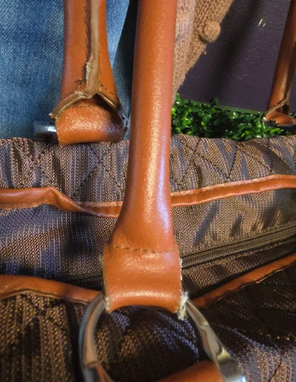 Quilted Shimmery Brown Tote with Tan Trim & Striped Interior